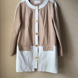 ANTHROPOLOGIE Leifsdottir Beige Cotton White Leather Gold Button Trench Coat